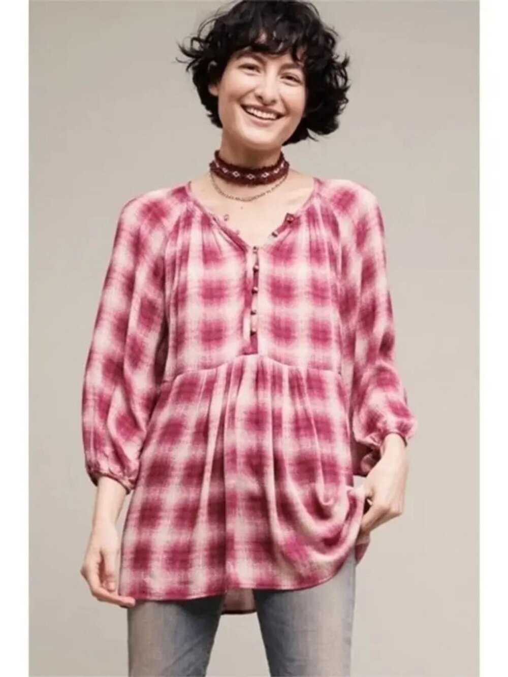 Anthropologie Maeve Cavalon Plaid Peplum Tunic Blouse Pink Magenta Cream Boho L